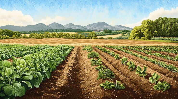 PSD terras agrícolas exuberantes com fileiras de folhas verdes e vegetais sob um céu brilhante montanhas ao fundo