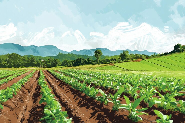 PSD terras verdes exuberantes com fileiras de colheitas montanhas e céu azul