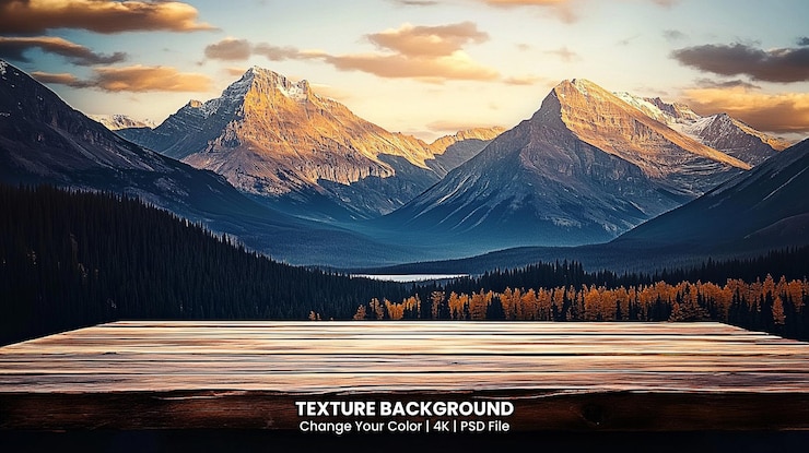 PSD terrasse en bois et vue en perspective sur les montagnes forestières texture arrière-plan