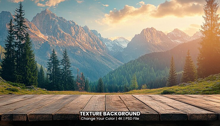 PSD terrasse en bois et vue en perspective sur les montagnes forestières texture arrière-plan