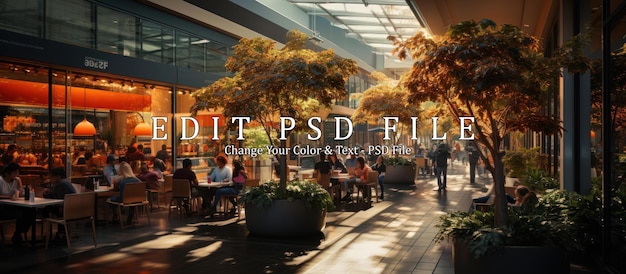 PSD terrasse de café et de restaurant vide en plein air avec des tables de plantes en pot