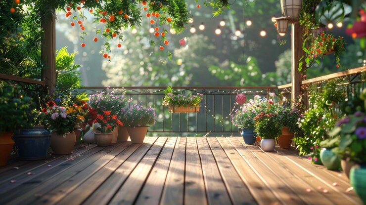 PSD una terraza de madera con plantas en maceta y flores rodeadas de vegetación y luces de hadas bañadas en la cálida luz del sol