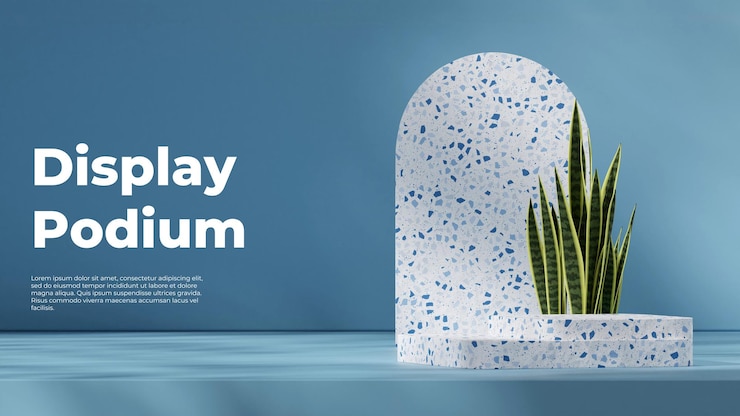 PSD terrazzo consistenza blocco curvo podio in vaso paesaggio e arco 3d rendering scena vuota