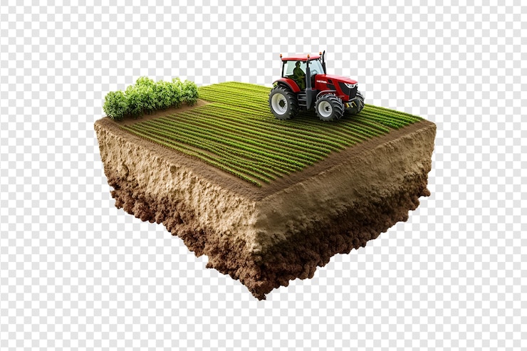 PSD terreno agricolo galleggiante con trattore rosso e colture isolate su uno sfondo trasparente
