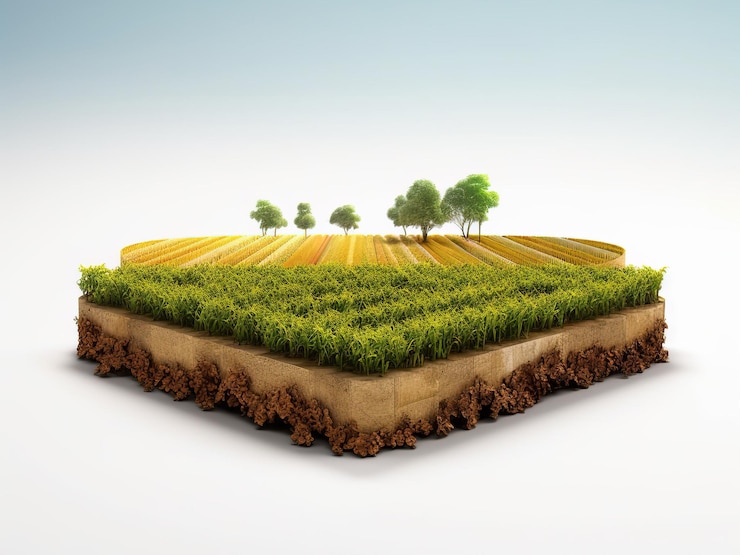 PSD terreno agricolo rurale con colture verdi e alberi e sezione trasversale terreno agricolo isometrico con vegetazione