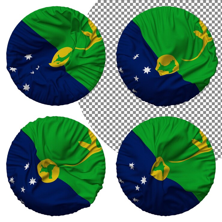 PSD territorio de la isla de navidad bandera forma redonda aislado estilo diferente textura de relieve representación 3d