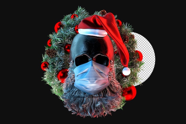Teschio di Babbo Natale in maschera medica con ghirlanda di Natale sullo sfondo