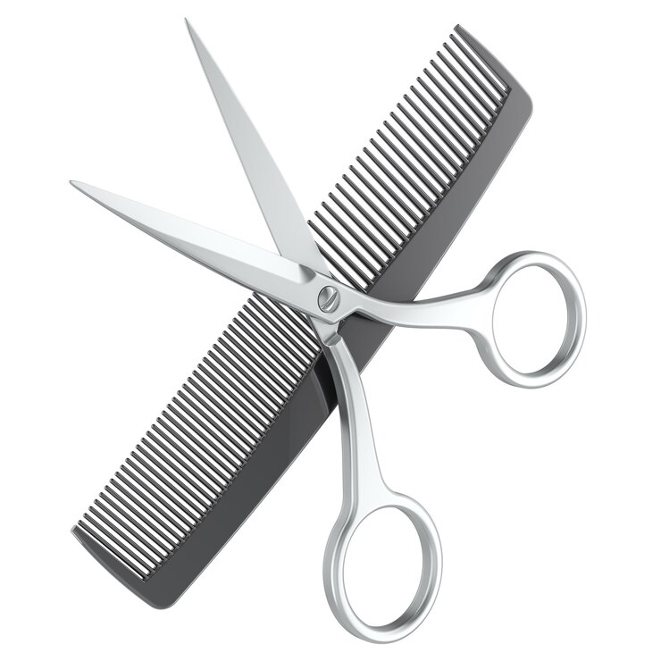 PSD tesoura de corte de cabelo e pente cruzado renderização 3d isolado em fundo transparente