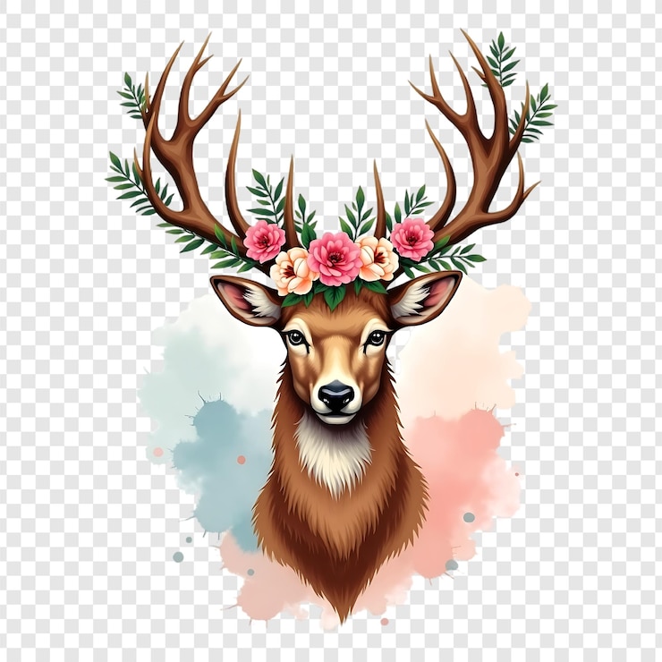 PSD testa di cervo con una ghirlanda di fiori isolata su uno sfondo trasparente