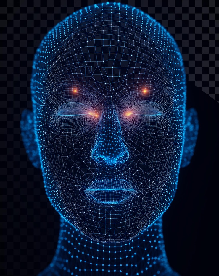 PSD testa frontale costituita da punti e linee con scanner biometrico facciale su sfondo trasparente