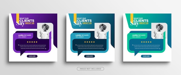Testimonios de clientes modernos y creativos o plantilla de banner de publicación de comentarios de clientes en redes sociales