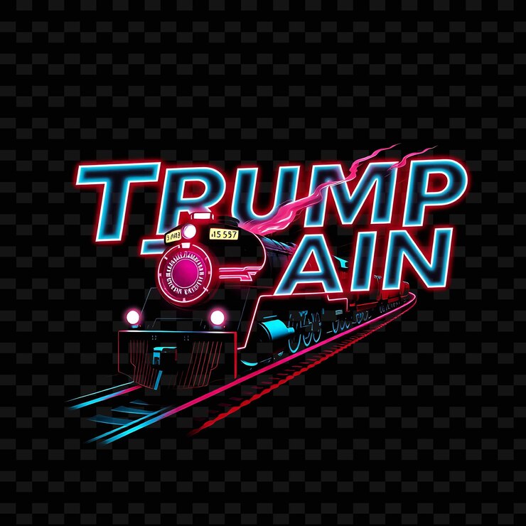 PSD testo del treno di trump lampeggiante in neon rubino rosso e ciano fresco che mostra un treno in corsa e lampeggiante