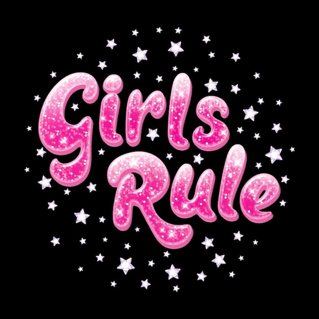 Testo luccicante Regola delle ragazze Disegno per bambini abbigliamento magliette tessuti o imballaggi o logo Parole rosa con scintille su sfondo nero