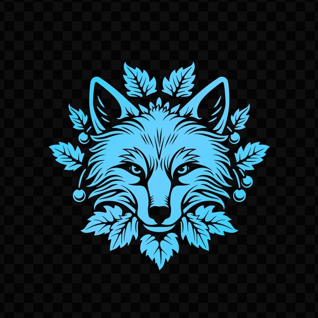 PSD une tête de loup bleue avec des fleurs sur un fond noir