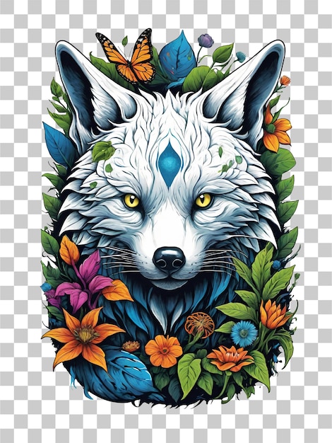 PSD tête de loup avec des fleurs et des feuilles sur un fond transparent