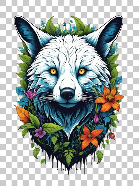 PSD tête de loup avec des fleurs et des feuilles sur un fond transparent