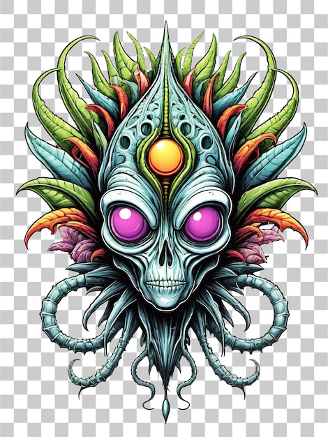 PSD la tête des plantes monstres extraterrestres est une fantaisie avec des plumes colorées sur un fond transparent.