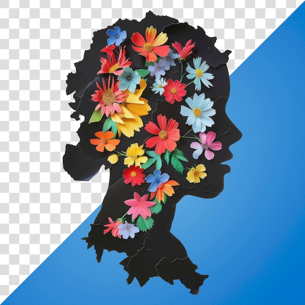 Tête de silhouette PNG avec des fleurs colorées papier de plante d'art