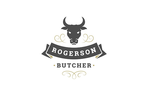 Tête de taureau à cornes en colère ruban d'ornement incurvé modèle de conception de logo vintage