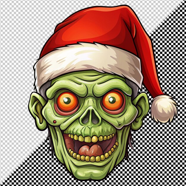 PSD une tête de zombie dans un chapeau de père noël rouge sur un fond transparent