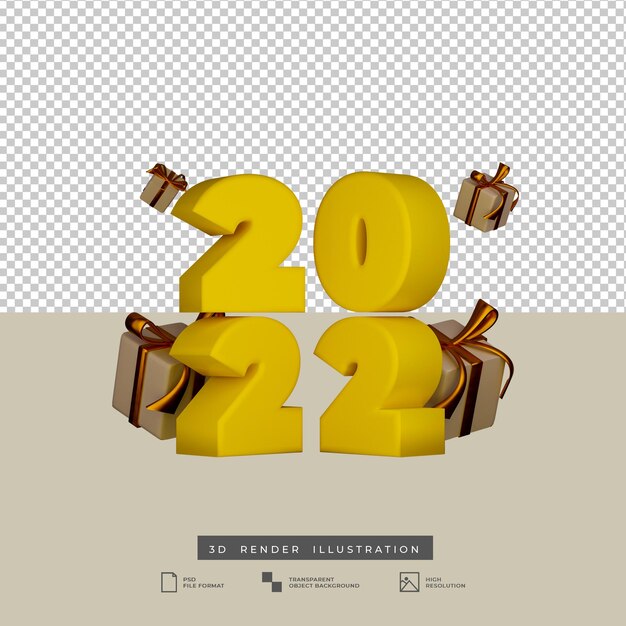 Texte De 2022 Bonne Année Thème Jaune Avec Boîte-cadeau En Or Rendu 3d