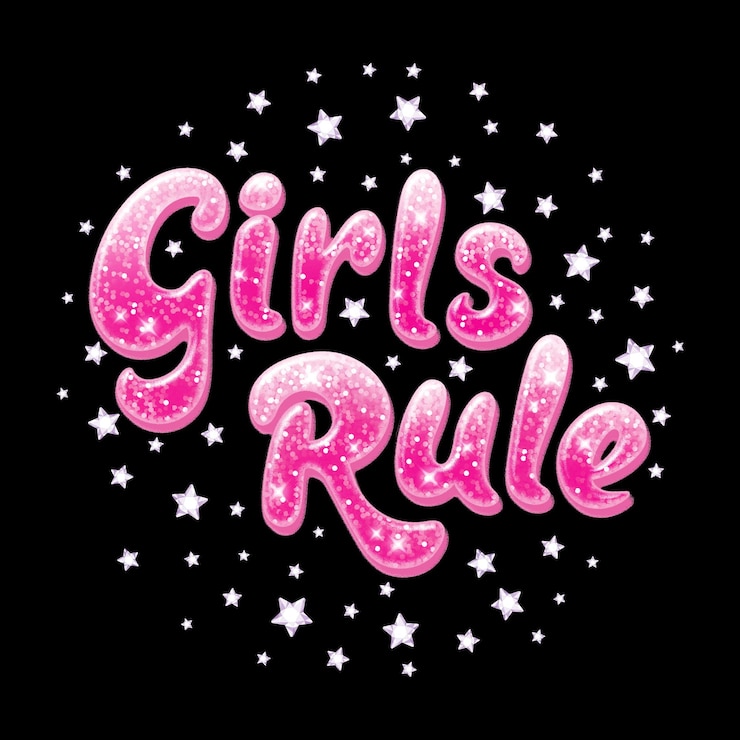 PSD texte brillant règle des filles dessin pour enfants vêtements t-shirts tissus ou emballage ou logo mots roses avec des étincelles sur fond noir