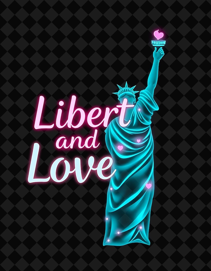 PSD le texte lumineux de la liberté et de l'amour rayonne le néon teal et le magenta brillant la statue de la liberté brillante et