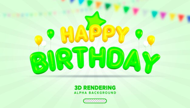 PSD texte psd de joyeux anniversaire avec ballon jaune et vert rendu 3d avec fond alpha