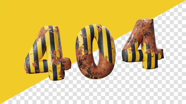Texte rouillé 3D avec des rayures jaunes et noires Message d'erreur 404 avec un fond transparent