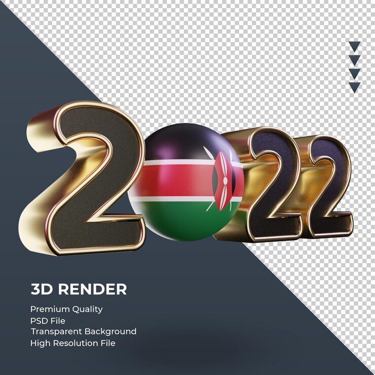 PSD texto 3d 2022 bandera de kenia renderizado vista izquierda