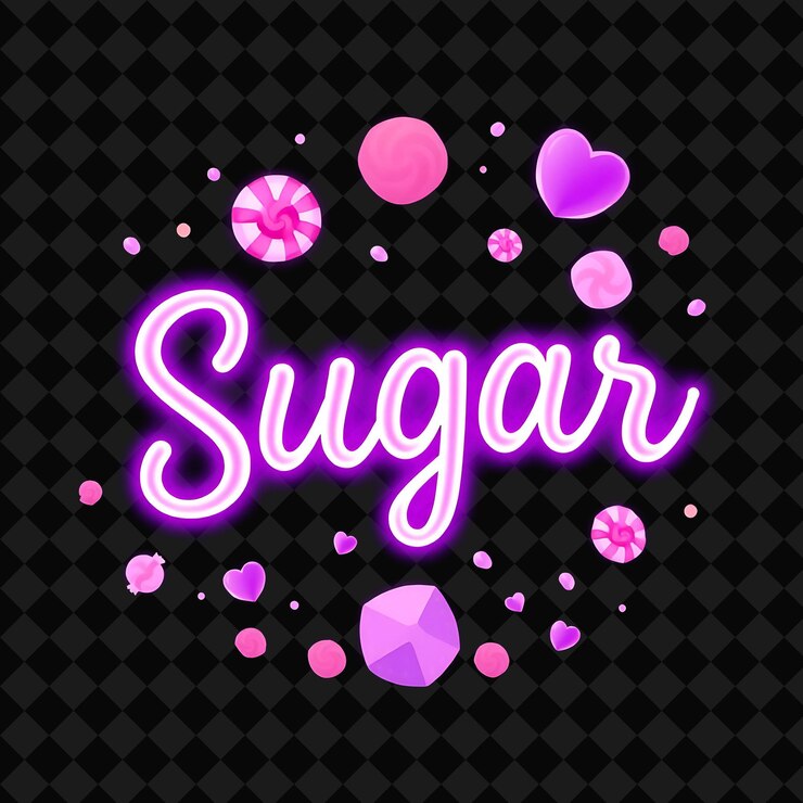 PSD texto de azúcar brillante en púrpura de neón adornado con dulces azucarados y decoración de alimentos de neón inspirada en png