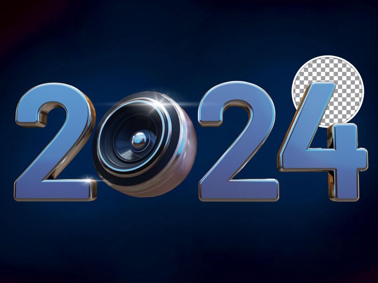 PSD texto azul de año nuevo 2024 con altavoz 3d render fondo aislado