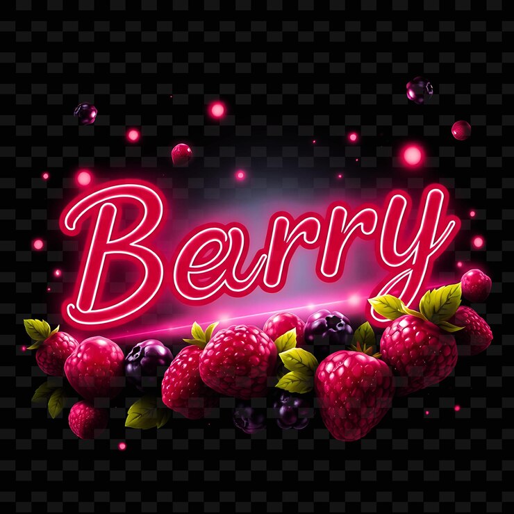 PSD texto de bayas brillantes en rojo neón adornado con bayas jugosas y diseño de tipografía deliciosa de neón frutal