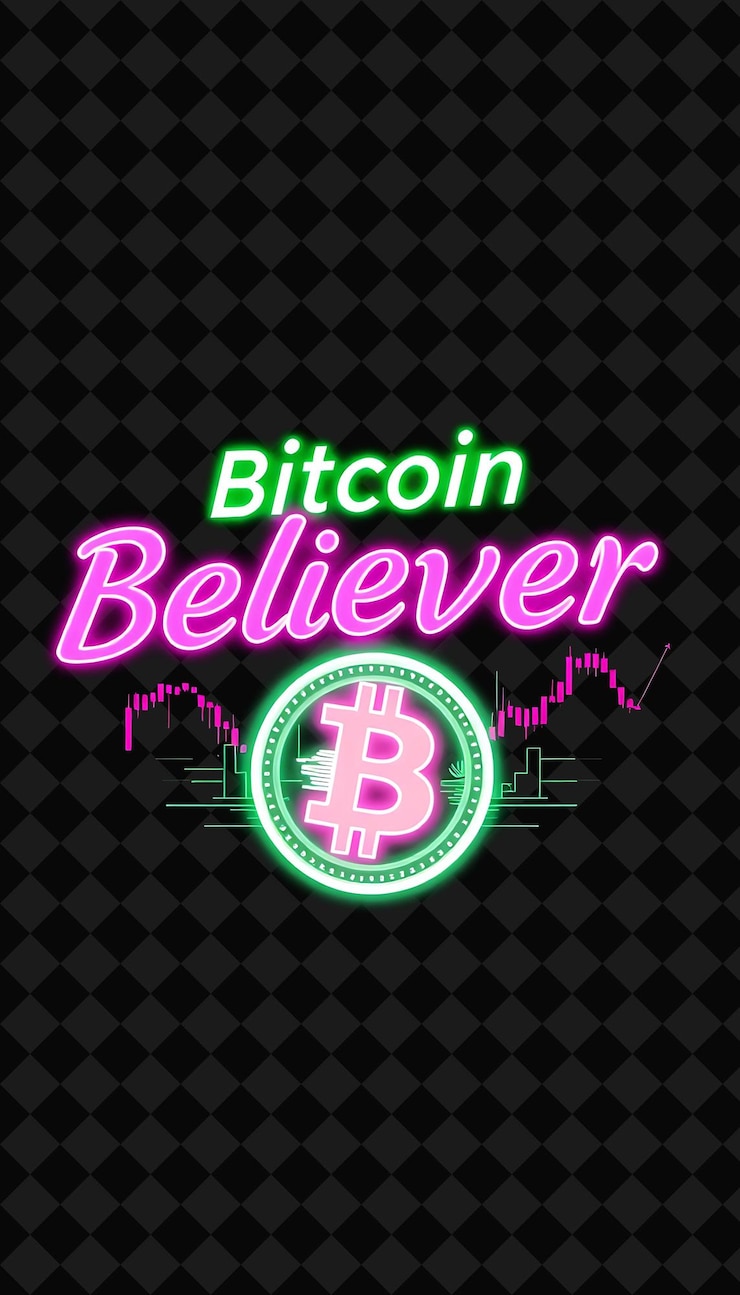 PSD el texto de bitcoin believer intermitente se alterna en verde neón y rosa caliente con el logotipo y el cifrado de bitcoin brillantes