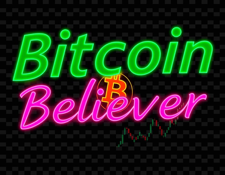 PSD el texto de bitcoin believer parpadeante se alterna en verde neón y rosa caliente con el logotipo y la cripta de bitcoin brillantes