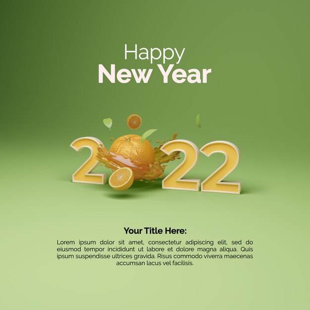 Texto de feliz ano novo de 2022 com laranja 3D para o modelo de design de cartaz
