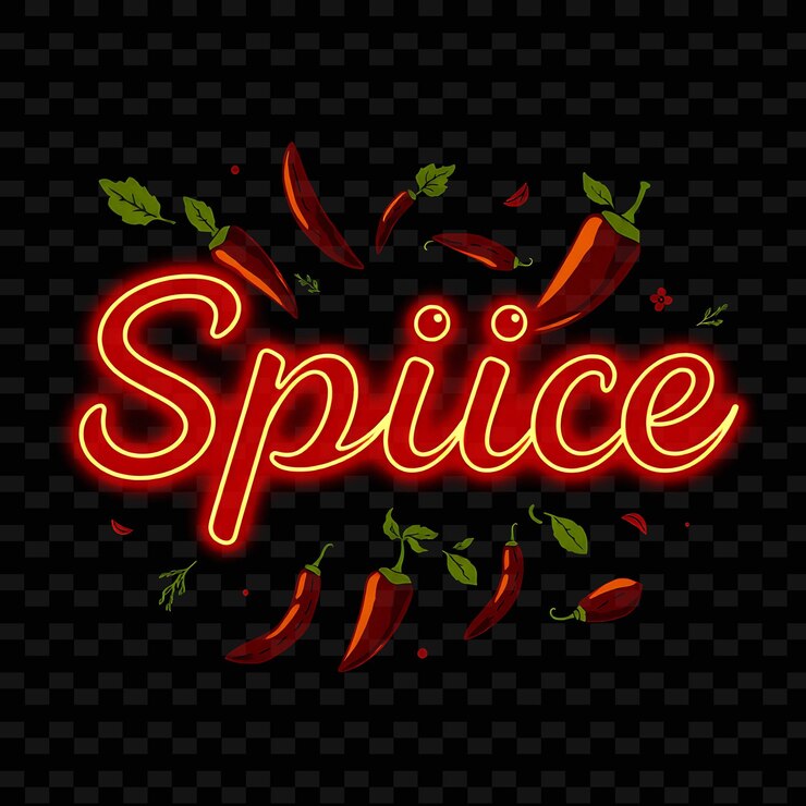 PSD texto de especias brillantes en rojo neón decorado con pimientos picantes y hierbas diseño tipográfico delicioso de neón