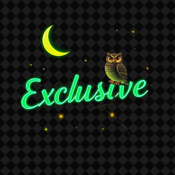 PSD texto exclusivo luminoso en neón olivo y verde rico con estrellas relucientes y la luna un huevo caprichoso