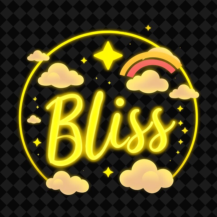 PSD texto de felicidad luminoso en amarillo neón rodeado de nubes felices un decorado de alimentos de neón inspirado en png