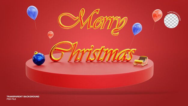 Texto de feliz navidad 3d con fondo rojo transparente aislado render psd