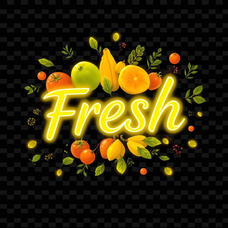 PSD texto fresco y brillante en amarillo neón adornado con productos frescos y h neón tipografía deliciosa designe