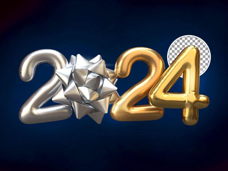 PSD texto de globo de año nuevo 2024 de plata y oro con cinta envolvente 3d render fondo aislado
