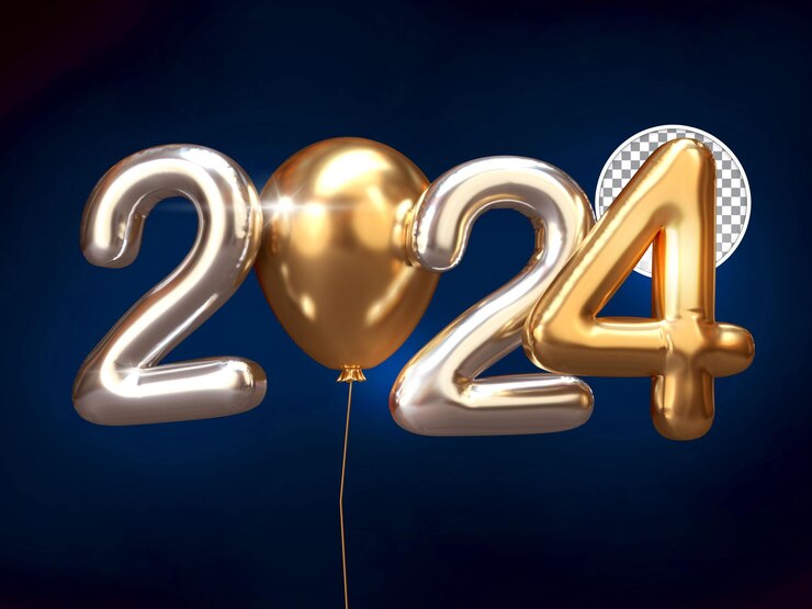 PSD texto de globo de año nuevo 2024 de plata y oro con fondo aislado de renderizado 3d de globo