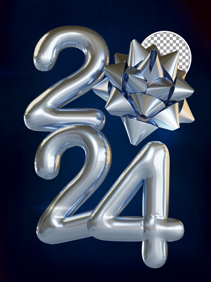 PSD texto de globo de año nuevo plateado 2024 con cinta de embalaje 3d render fondo aislado