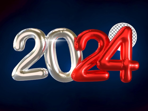 Texto de globo plateado y rojo de año nuevo 2024 con bola de discoteca 3D Render fondo aislado