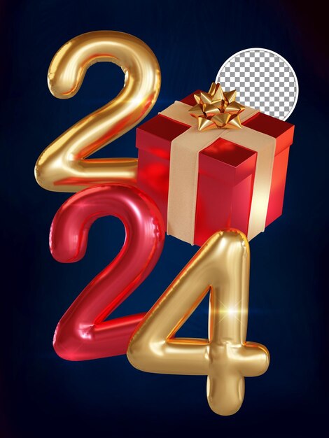 Texto de globo rojo y dorado de Año Nuevo 2024 con fondo aislado de presentación 3D de regalo