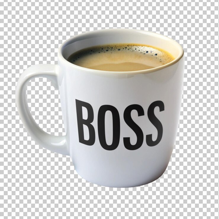 PSD texto jefe en taza de café en café en fondo transparente