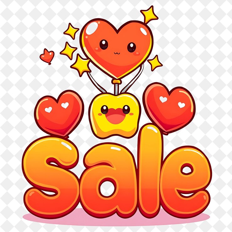 PSD texto kawaii a la venta adornado con estrellas brillantes y corazón pegado en el texto el texto es audaz y grande