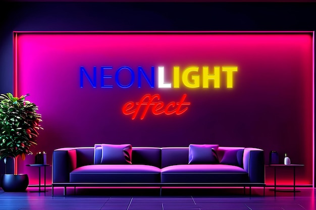 Texto de pared con efecto de iluminación de neón y maqueta de logotipo