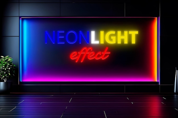 Texto de pared con efecto de iluminación de neón y maqueta de logotipo
